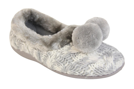 Ladies grey and white knit slippers with silver metallic thread, with faux fur trim and pom poms right view