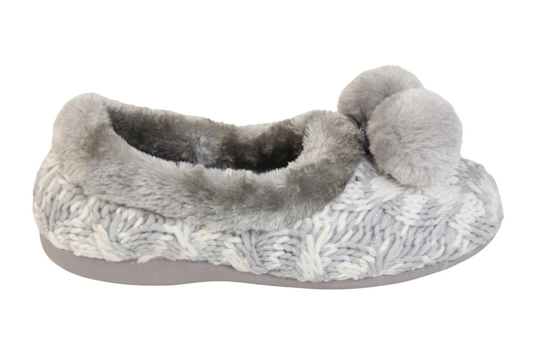 Ladies grey and white knit slippers with silver metallic thread, with faux fur trim and pom poms side view