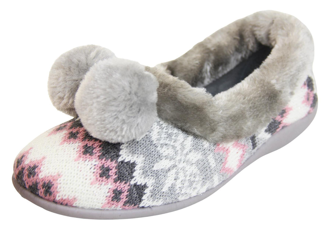 Grey Nordic print ladies slippers with faux fur trim and pom poms left view
