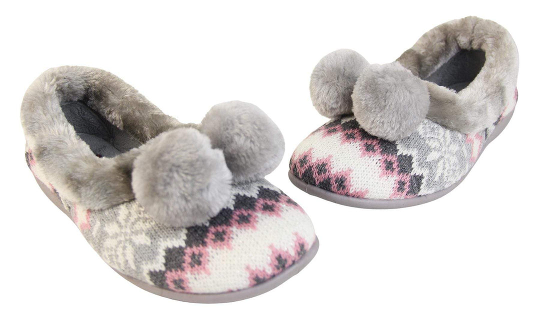 Grey Nordic print ladies slippers with faux fur trim and pom poms both outer side view