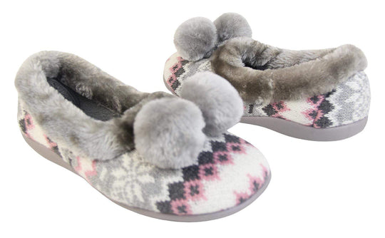 Grey Nordic print ladies slippers with faux fur trim and pom poms both outer and instep view