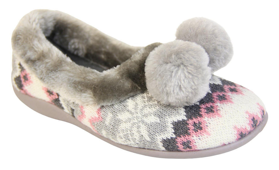 Grey Nordic print ladies slippers with faux fur trim and pom poms right view
