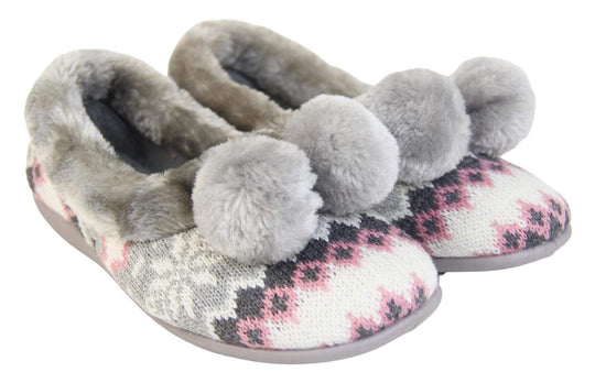 Grey Nordic print ladies slippers with faux fur trim and pom poms next to each other view