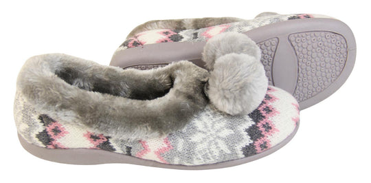 Grey Nordic print ladies slippers with faux fur trim and pom poms side view and sole