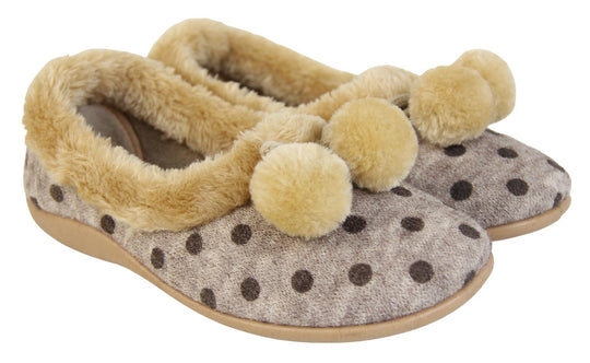 Beige spotty ladies slippers with faux fur trim and pom poms both together side view