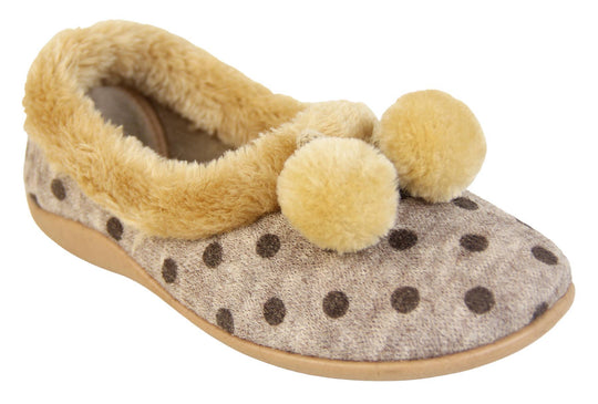 Beige spotty ladies slippers with faux fur trim and pom poms right view