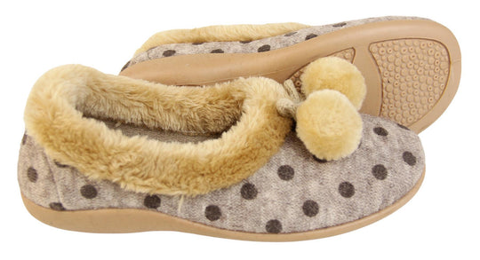 Beige spotty ladies slippers with faux fur trim and pom poms side and sole view