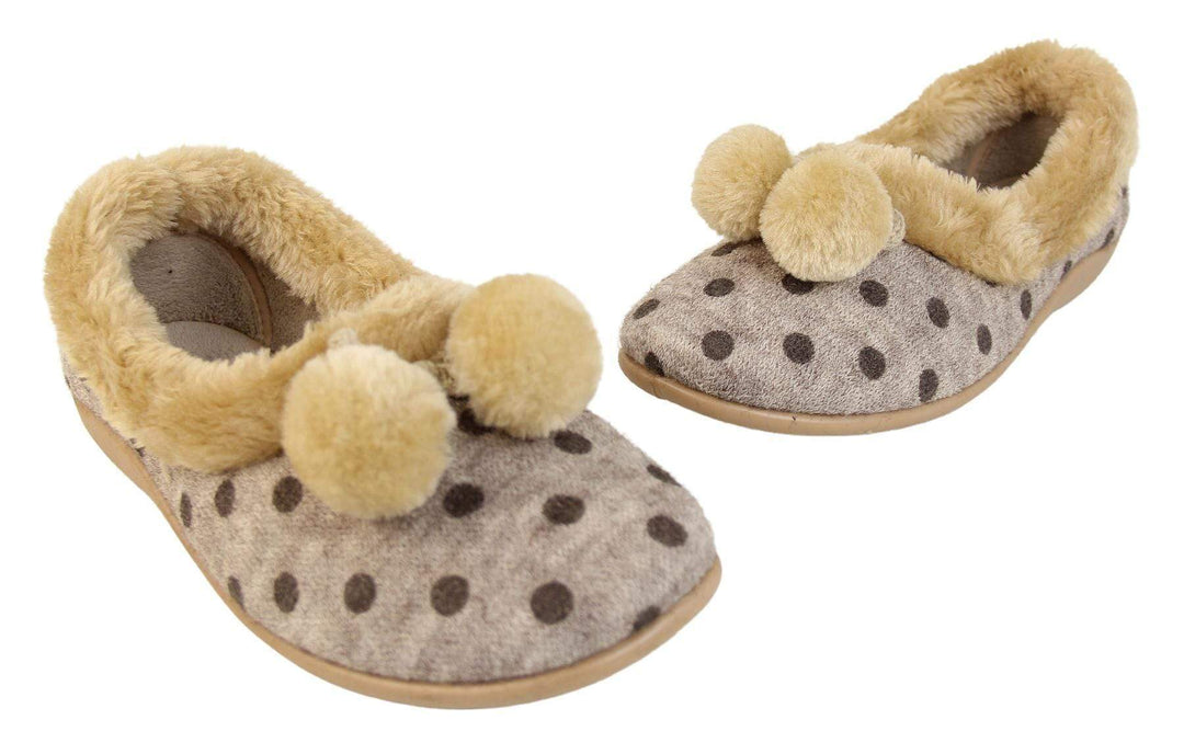 Beige spotty ladies slippers with faux fur trim and pom poms right and left view together