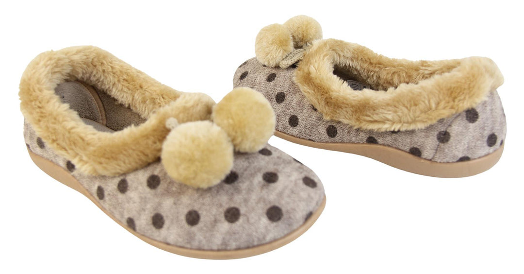 Beige spotty ladies slippers with faux fur trim and pom poms outer and instep view