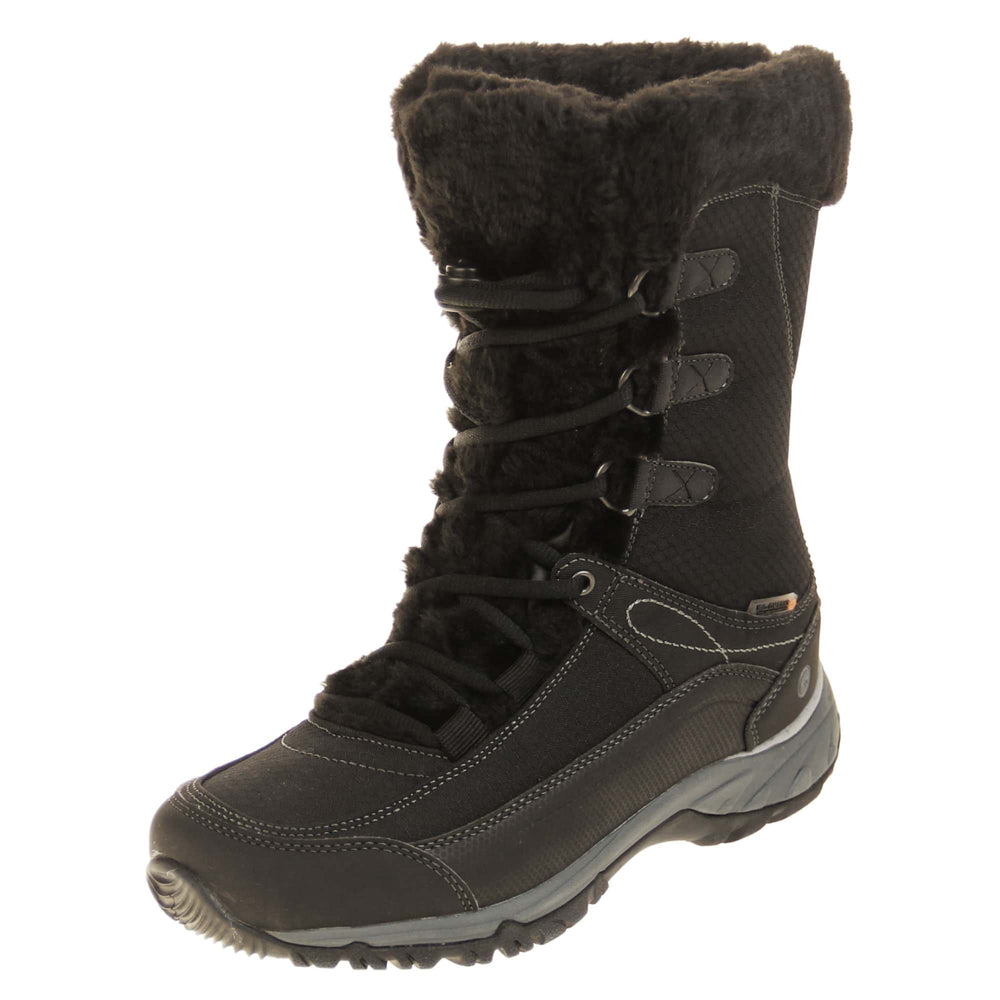 Ladies Hi Tec Snow Boots - Black Equilibrio mid-calf boots with mesh upper, lace up fastening to front, faux fur lining, chunky durable outsole. Left foot at angle.