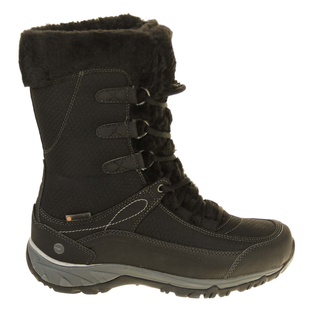 Ladies Hi Tec Snow Boots - Black Equilibrio mid-calf boots with mesh upper, lace up fastening to front, faux fur lining, chunky durable outsole. Side view.