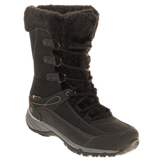 Ladies Hi Tec Snow Boots - Black Equilibrio mid-calf boots with mesh upper, lace up fastening to front, faux fur lining, chunky durable outsole. Right foot at angle.