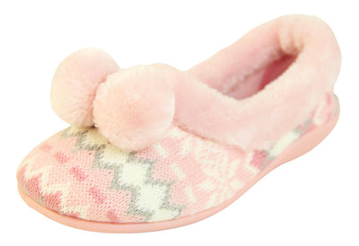 Pink Nordic print ladies slippers with faux fur trim and pom poms left view