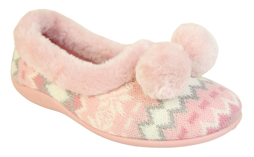 Pink Nordic print ladies slippers with faux fur trim and pom poms right view