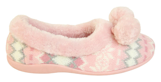 Pink Nordic print ladies slippers with faux fur trim and pom poms side view