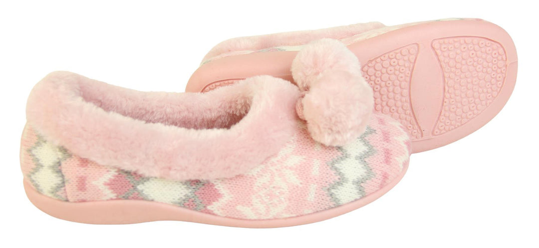 Pink Nordic print ladies slippers with faux fur trim and pom poms side view and sole