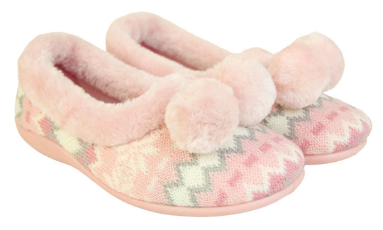 Pink Nordic print ladies slippers with faux fur trim and pom poms side view both together