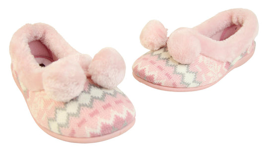 Pink Nordic print ladies slippers with faux fur trim and pom poms front view of both