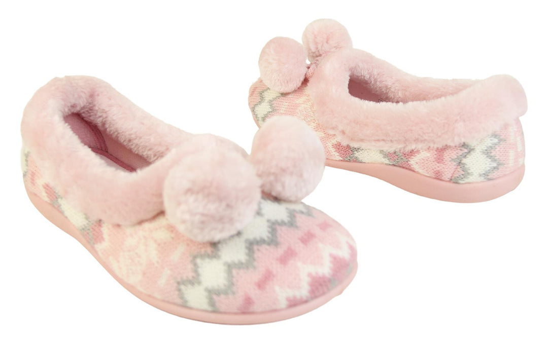 Pink Nordic print ladies slippers with faux fur trim and pom poms outer and instep of both view