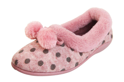 Womens Spotty Pink Slippers with Pom Poms Left View