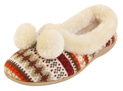Ladies white Aztec slippers with faux fur trim and pom poms left view