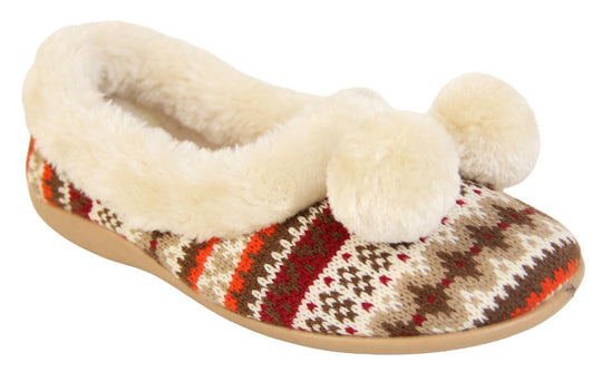Ladies white Aztec slippers with faux fur trim and pom poms right view