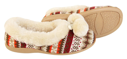 Ladies white Aztec slippers with faux fur trim and pom poms side view and sole