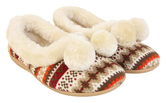 Ladies white Aztec slippers with faux fur trim and pom poms both next to each other view