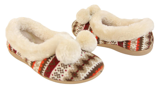 Ladies white Aztec slippers with faux fur trim and pom poms outside and instep view