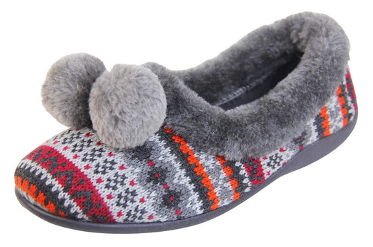 Ladies grey Aztec slippers with faux fur trim and pom poms left view