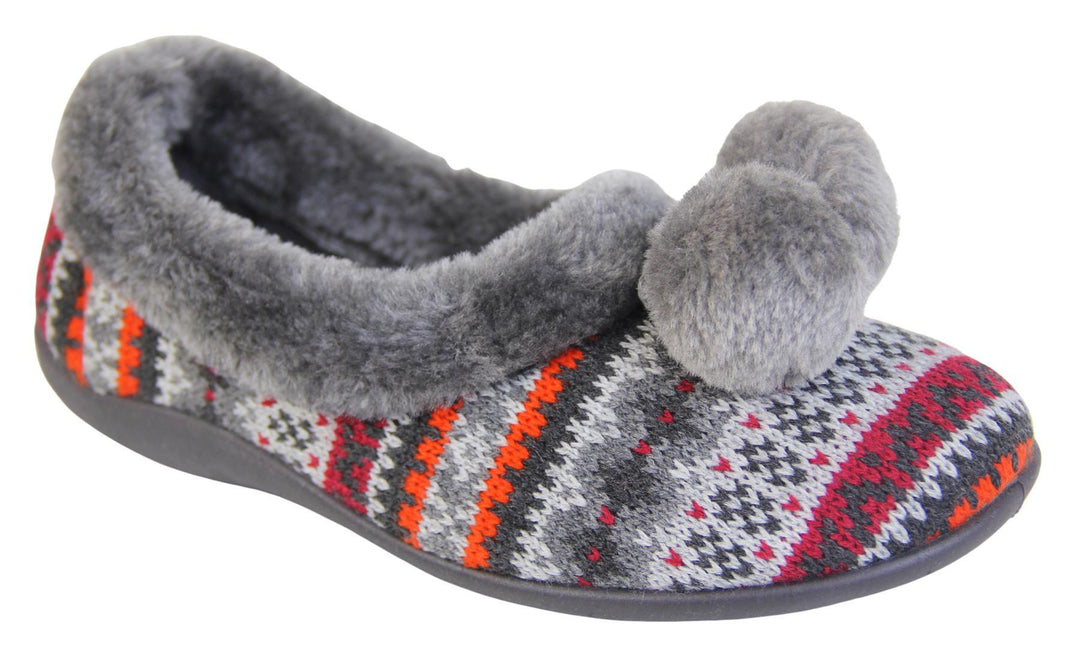 Ladies grey Aztec slippers with faux fur trim and pom poms right view