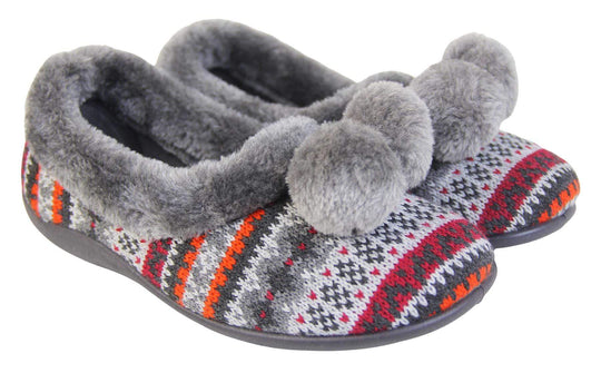 Ladies grey Aztec slippers with faux fur trim and pom poms both next to each other view