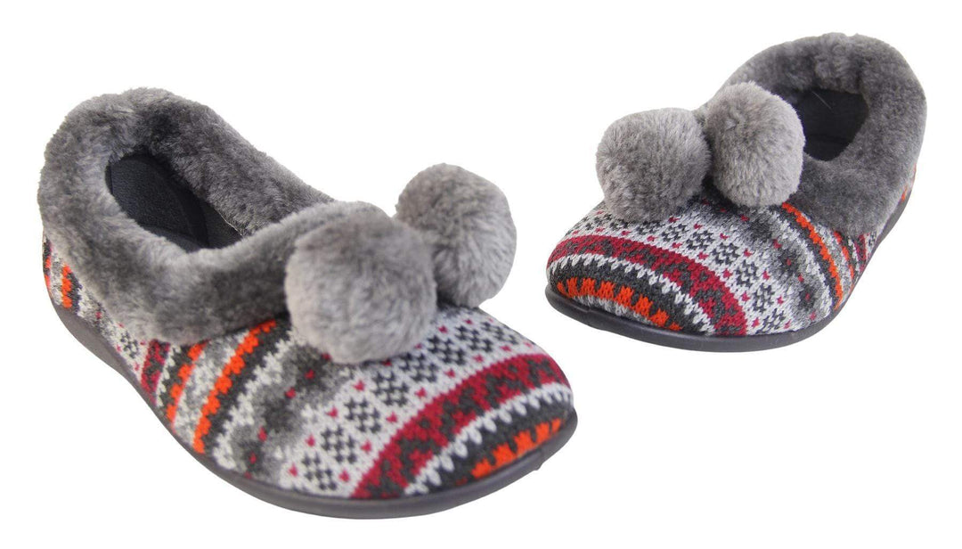 Ladies grey Aztec slippers with faux fur trim and pom poms both front view