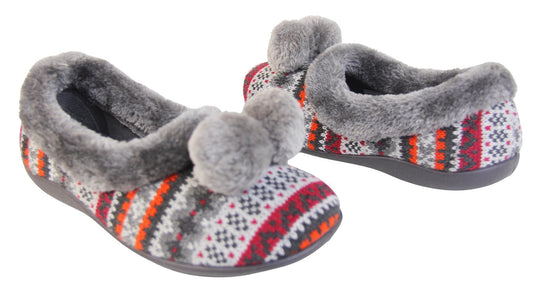 Ladies grey Aztec slippers with faux fur trim and pom poms side and instep view