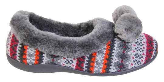 Ladies grey Aztec slippers with faux fur trim and pom poms side view