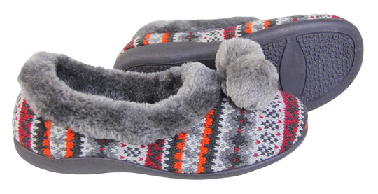 Ladies grey Aztec slippers with faux fur trim and pom poms side view and sole