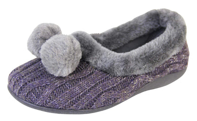Ladies purple knit slippers with silver metallic thread, with faux fur trim and pom poms left view