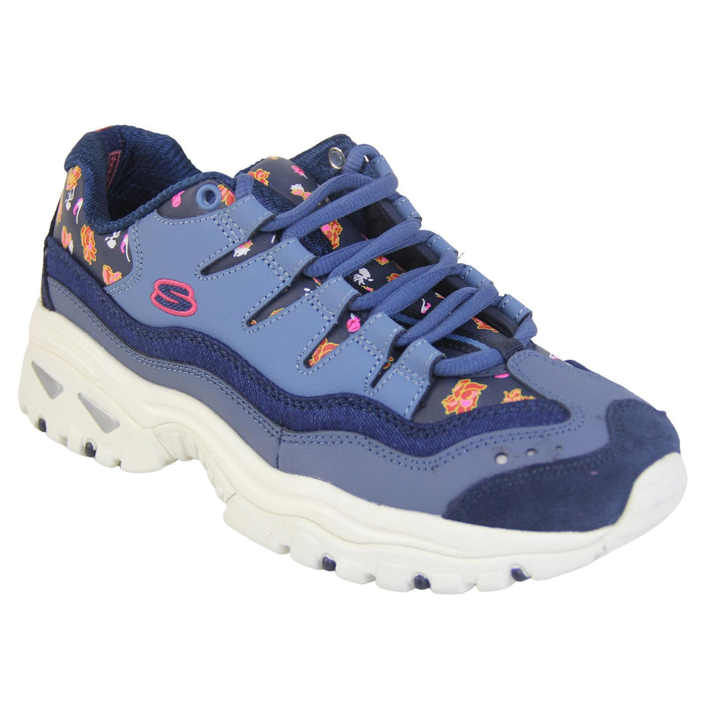 Blue Sketchers trainers with denim edging and a floral print. Lace up fastening with thick white soles.  right view