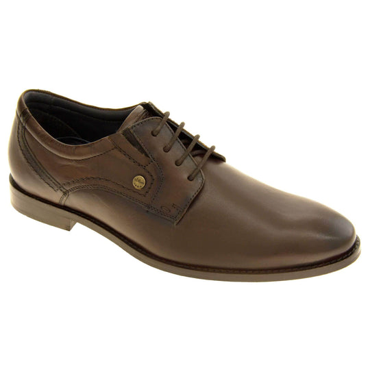 Leather dress shoes. Mens formal shoes with a brown leather upper and stitching detail. Brown laces to the front. Small gold stud on the side with S Oliver written on. Brown sole with very slight heel. Brown lining. Right foot at an angle.