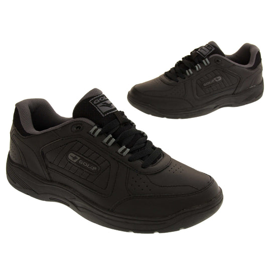 Leather trainers mens. Classic trainer style with black leather upper and black stitching detail. Black laces and tongue with black textile lining. Black and grey Gola branding to the side. Black outsole. Both feet from slightly off a side angle facing in an L shape.