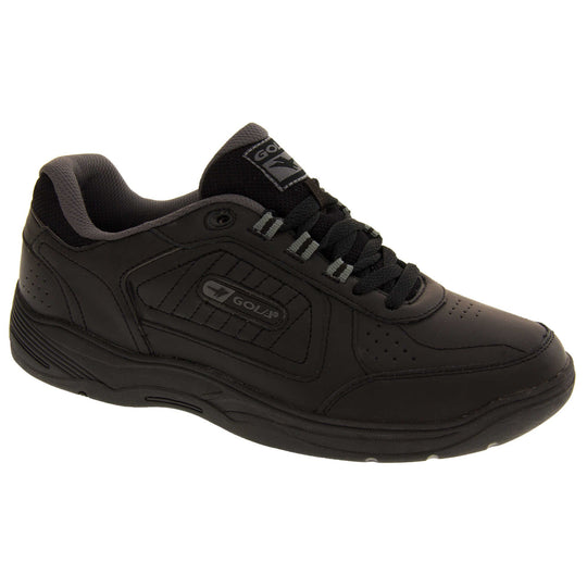 Leather trainers mens. Classic trainer style with black leather upper and black stitching detail. Black laces and tongue with black textile lining. Black and grey Gola branding to the side. Black outsole. Right foot at an angle.
