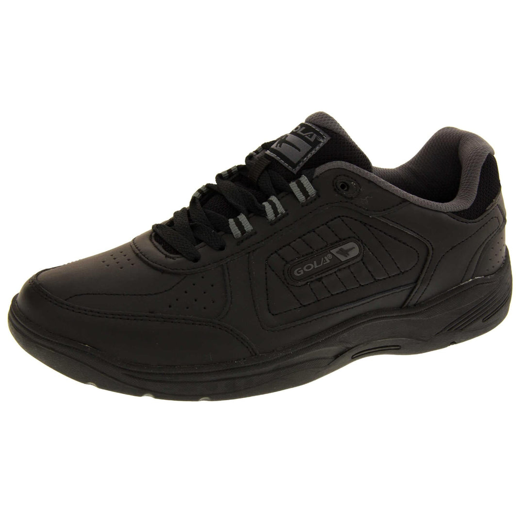 Leather trainers mens. Classic trainer style with black leather upper and black stitching detail. Black laces and tongue with black textile lining. Black and grey Gola branding to the side. Black outsole. Left foot at an angle.
