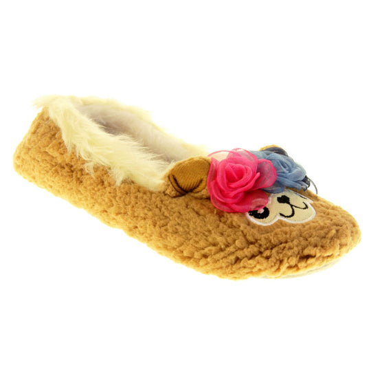 Llama slippers womens. Ladies slippers in a ballerina style. With brown faux fur upper, cute embroidered llama face and rose detail headband. Cream faux fur collar and lining. Beige textile sole with bumps to the bottom for grip. Right foot at an angle.