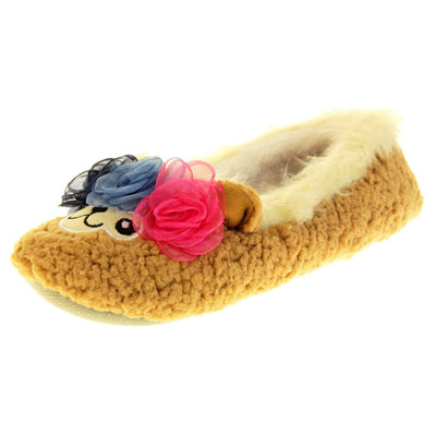 Llama slippers womens. Ladies slippers in a ballerina style. With brown faux fur upper, cute embroidered llama face and rose detail headband. Cream faux fur collar and lining. Beige textile sole with bumps to the bottom for grip. Left foot at an angle.