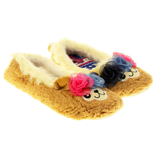 Llama slippers womens. Ladies slippers in a ballerina style. With brown faux fur upper, cute embroidered llama face and rose detail headband. Cream faux fur collar and lining. Beige textile sole with bumps to the bottom for grip. Both feet together at an angle.