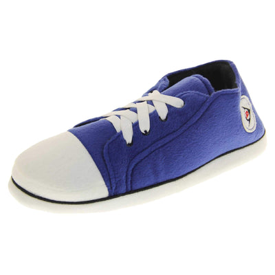 Low rise sneaker slippers. Blue soft fabric upper in low-rise sneaker style. With white elasticated laces and white circle with Dunlop logo to the side. White edge around the sole of the shoe. Black textile lining. Black sole with bumps for grips. Left foot at an angle.