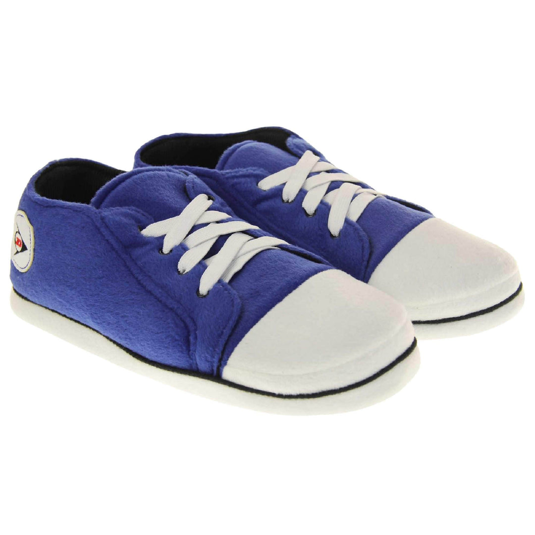 Low rise sneaker slippers. Blue soft fabric upper in low-rise sneaker style. With white elasticated laces and white circle with Dunlop logo to the side. White edge around the sole of the shoe. Black textile lining. Black sole with bumps for grips. Both feet together at an angle.