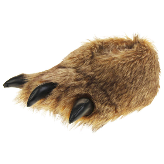 Mens bear slippers. Cushioned slippers shaped like a monster's foot with claws. Brown faux fur outer and black shiny padded claws. Inside is a textile lining. Black soft sole with bumps on for grip. Left foot at an angle