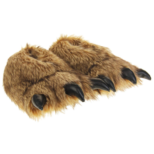 Mens bear slippers. Cushioned slippers shaped like a monster's foot with claws. Brown faux fur outer and black shiny padded claws. Inside is a textile lining. Black soft sole with bumps on for grip. Both feet together