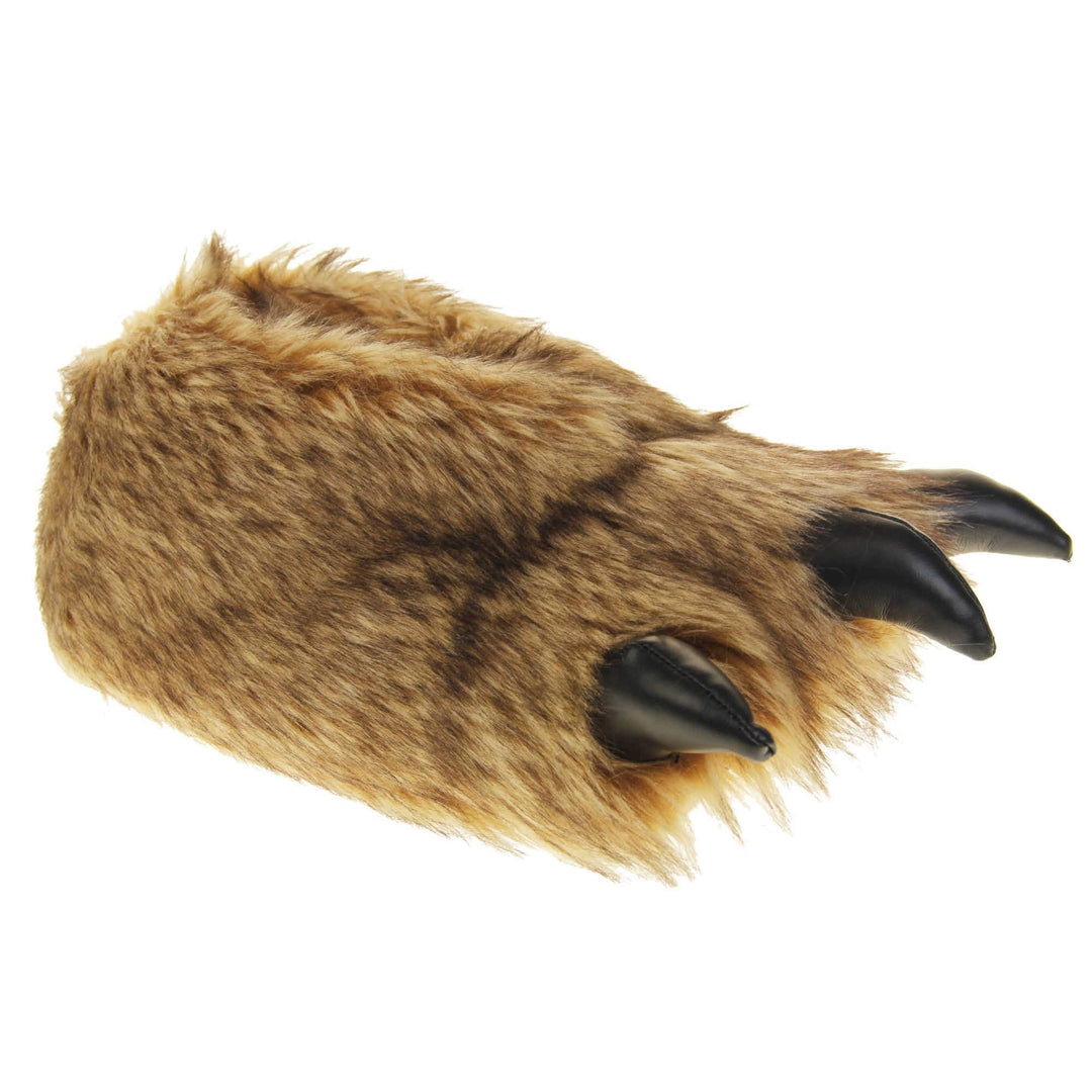 Mens bear slippers. Cushioned slippers shaped like a monster's foot with claws. Brown faux fur outer and black shiny padded claws. Inside is a textile lining. Black soft sole with bumps on for grip. Right foot at an angle